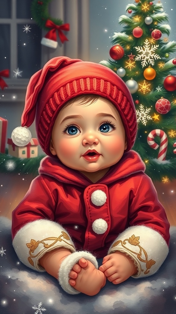 A Christmas-themed painting of a baby in a festive outfit with holiday decorations and a Christmas tree.